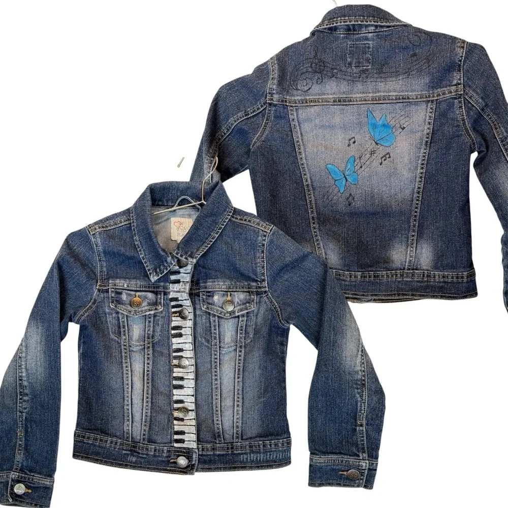 Jean Jacket Painted Piano Keys Music Notes Butterflies Upcycled Denim Girls Med